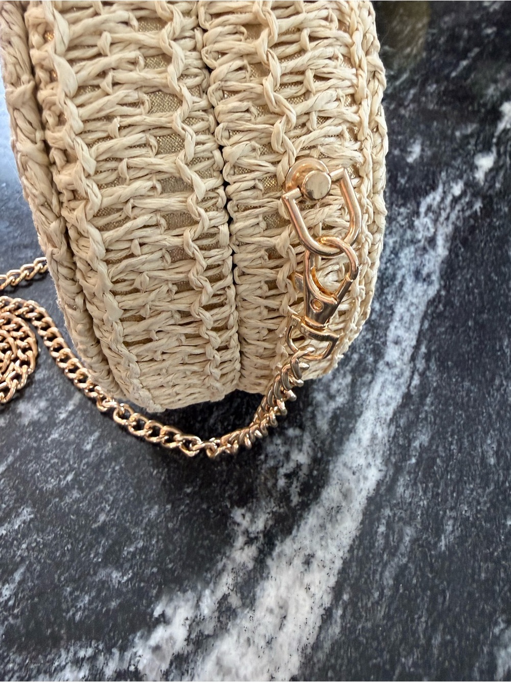 HAUTE HIPPIE Woven Round Crossbody Bag in Natural with Gold Chain & Gold Shimmer - Picture 5 of 14